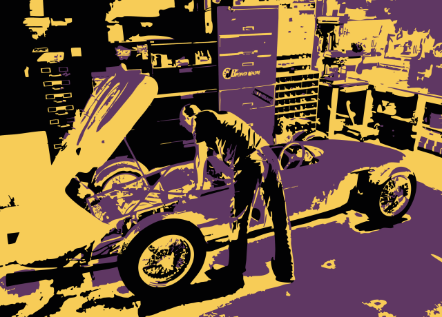 Illustration d'un homme qui se penche sur sa voiture de course dans son garage